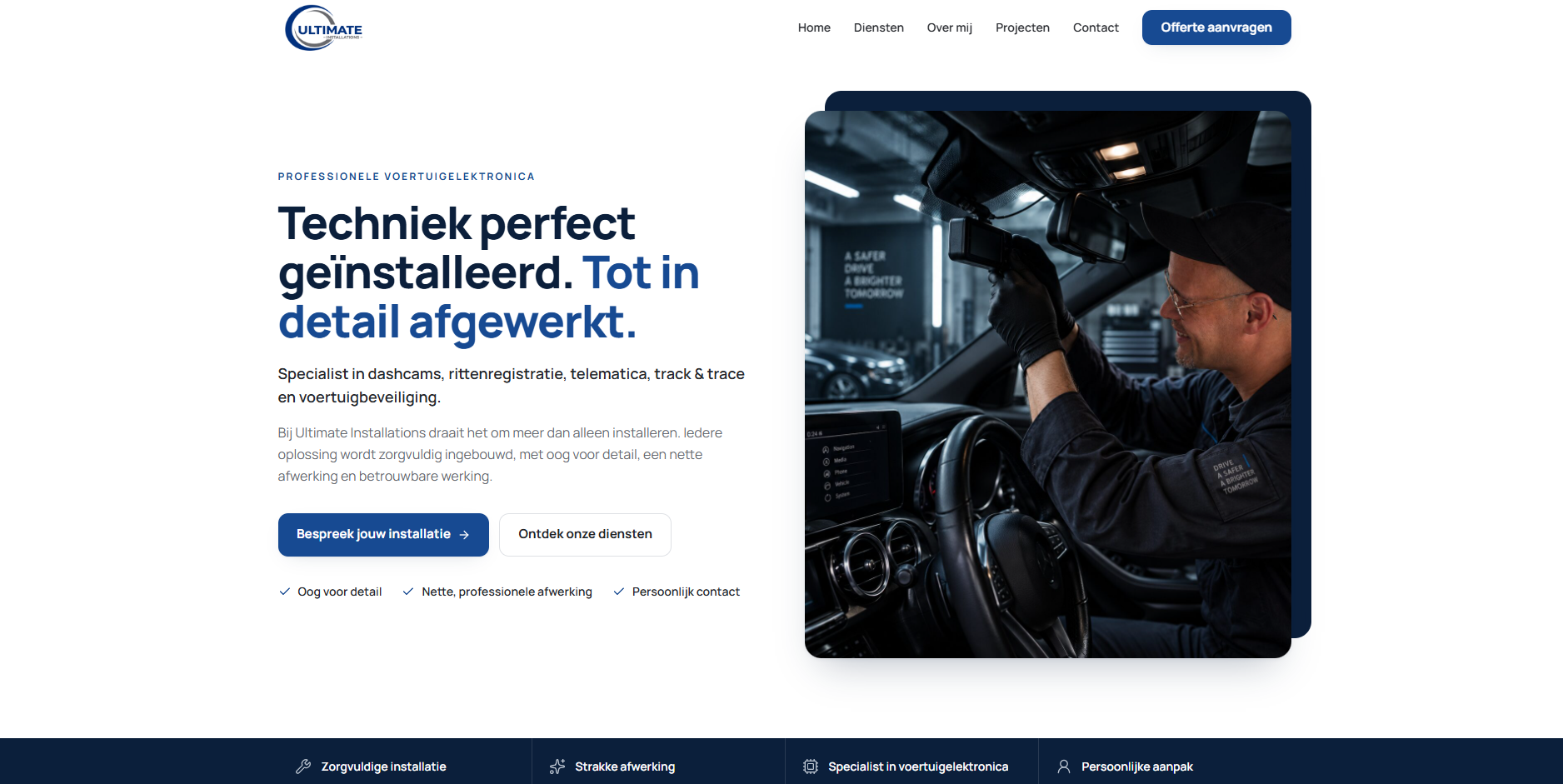 Website voor Ultimate Installations met diensten voor voertuigelektronica